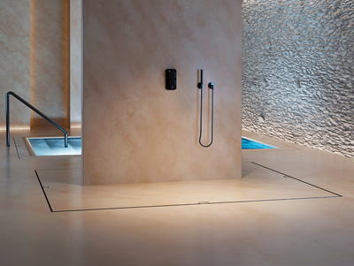 Photo of the Infinity Drain specialty finishes.